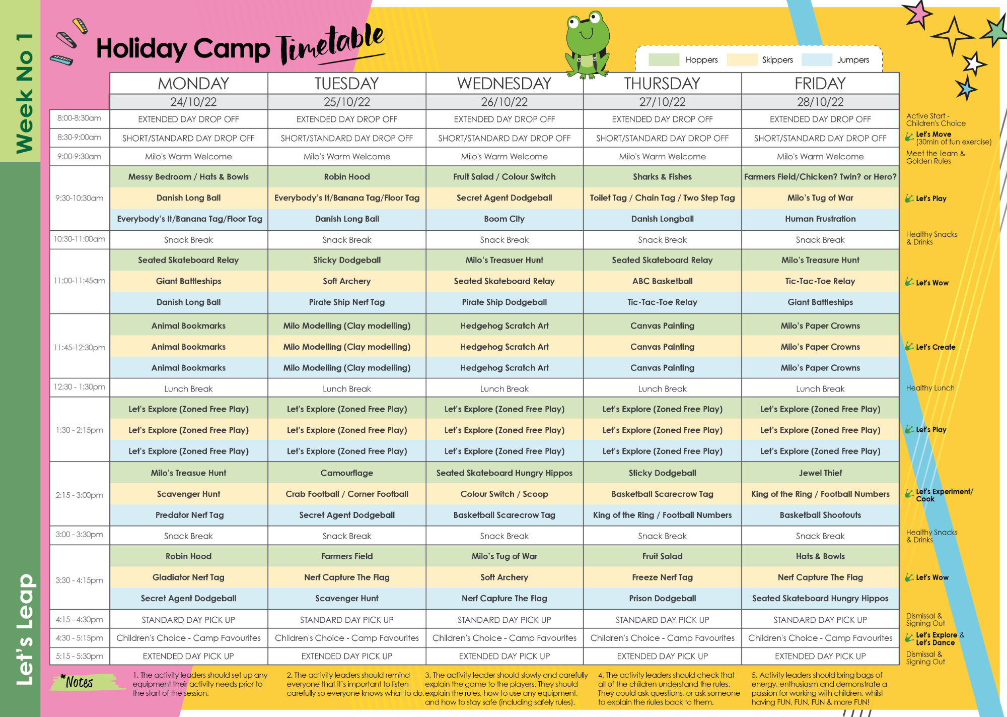 Summer Camp Activity Timetable